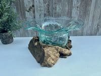 20cm Wooden Root Molten Glass Bowl w Flower Design - Teak Hardwood Unique Piece