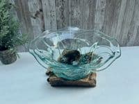 20cm Wooden Root Molten Glass Bowl w Flower Design - Teak Hardwood Unique Piece