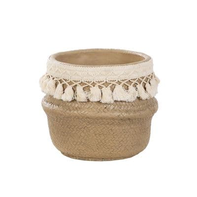 21cm Dark Cream Ceramic Flower Plant Pot w Tassle Design