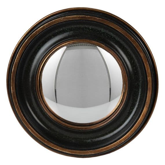 23cm Mottled Black & Gold Convex Wall Mirror - Porthole Bubble Design