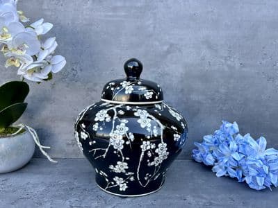 23cm Squat Ginger Jar - Black & White Blossom Floral Ceramic Storage Vase