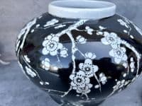 23cm Squat Ginger Jar - Black & White Blossom Floral Ceramic Storage Vase
