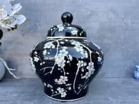 23cm Squat Ginger Jar - Black & White Blossom Floral Ceramic Storage Vase