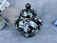 23cm Squat Ginger Jar - Black & White Blossom Floral Ceramic Storage Vase