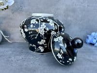 23cm Squat Ginger Jar - Black & White Blossom Floral Ceramic Storage Vase