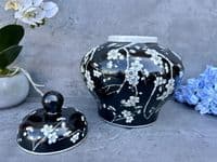 23cm Squat Ginger Jar - Black & White Blossom Floral Ceramic Storage Vase
