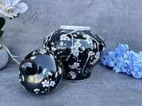 23cm Squat Ginger Jar - Black & White Blossom Floral Ceramic Storage Vase
