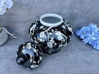 23cm Squat Ginger Jar - Black & White Blossom Floral Ceramic Storage Vase