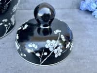 23cm Squat Ginger Jar - Black & White Blossom Floral Ceramic Storage Vase