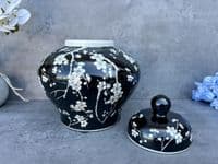 23cm Squat Ginger Jar - Black & White Blossom Floral Ceramic Storage Vase
