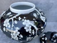 23cm Squat Ginger Jar - Black & White Blossom Floral Ceramic Storage Vase