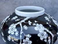 23cm Squat Ginger Jar - Black & White Blossom Floral Ceramic Storage Vase