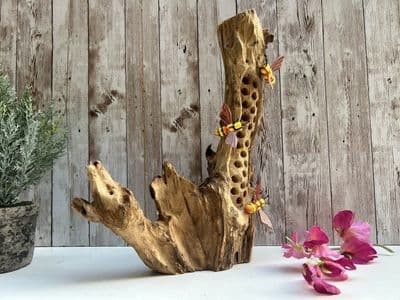 25cm Bee Hotel Sculpture Ornament Gift - Wooden Root w Hand Painted Bees Apiary
