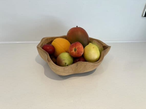 25cm Wooden Shell Shaped Teak Fruit Nuts Bowl Table Centre Gift