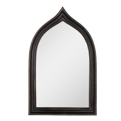 26cm Black & Gold Wall Mirror - Gothic Arch Design - Distressed Shabby Chic