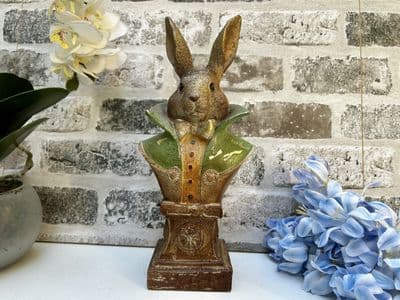26cm Gentleman Rabbit Suited Figurine Ornament Bust Aged Green & Gold
