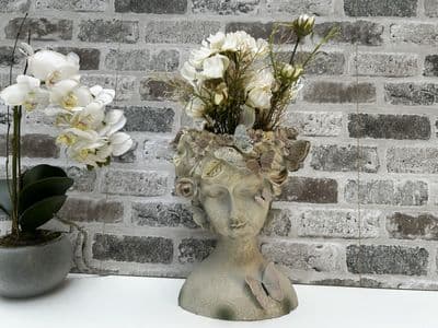 26cm Grey Green Ladies Head Flowerpot Planter Pot w/ Pink Flowers