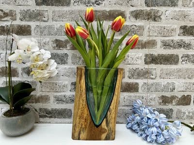 26cm V Shaped Art Flower Vase Flowerpot Molten Glass Wooden Teak Root Handmade