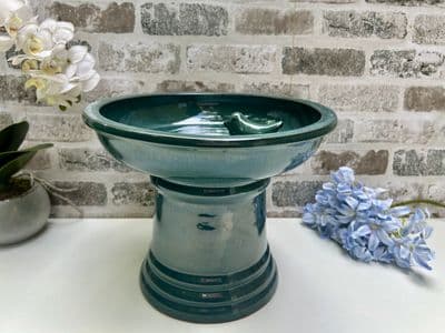 28cm Blue Birdbath w/ Bird Table Feeder - Ceramic on Pedestal Freestanding