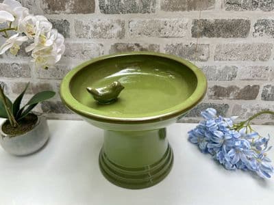 28cm Green Birdbath w/ Bird Table Feeder - Ceramic on Pedestal Freestanding