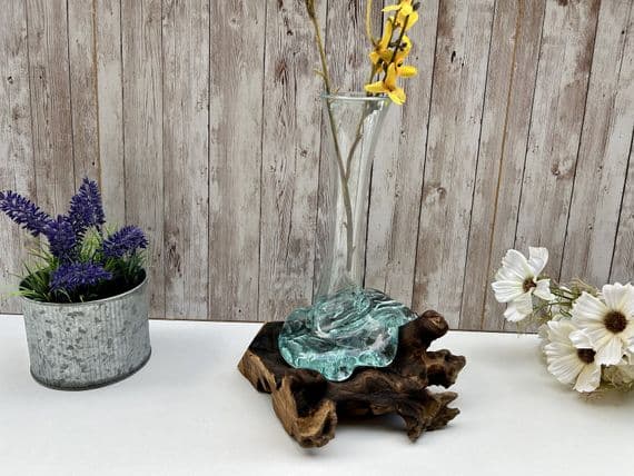 28cm Molten Glass Flower Stem Vase Wine Decanter on Wooden Teak Root Base