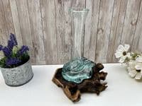 28cm Molten Glass Flower Stem Vase Wine Decanter on Wooden Teak Root Base