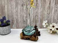 28cm Molten Glass Flower Stem Vase Wine Decanter on Wooden Teak Root Base