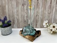 28cm Molten Glass Flower Stem Vase Wine Decanter on Wooden Teak Root Base
