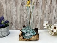 28cm Molten Glass Flower Stem Vase Wine Decanter on Wooden Teak Root Base
