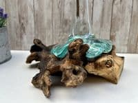 28cm Molten Glass Flower Stem Vase Wine Decanter on Wooden Teak Root Base