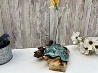 28cm Molten Glass Flower Stem Vase Wine Decanter on Wooden Teak Root Base