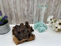 28cm Molten Glass Flower Stem Vase Wine Decanter on Wooden Teak Root Base