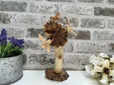 3 Bumblebees Bees Handmade Carved on Suar Wood Base Ornament Sculpture