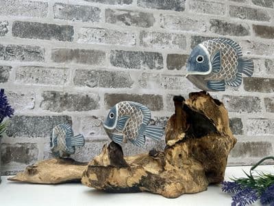 3 Coral Tropical Blue Fish Teak Root Hardwood Hand Carved Figurine Ornament Gift