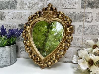 30cm Aged Gold Crown Wall Mirror - Heart Design Feature Piece