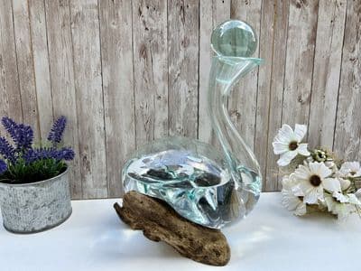 30cm Molten Wine Decanter Bottle Holder w/ Stopper on Wooden Teak Root Base