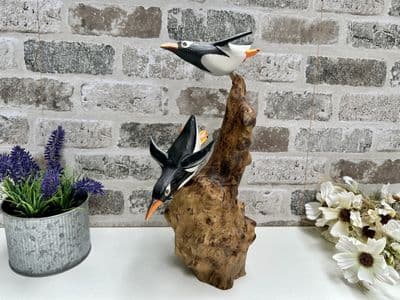 30cm Pair Diving Cliff Penguins on Root - Intricate Hand Painted Ornament Gift