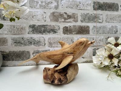30cm Playful Dolphin on Wooden Mushroom Base - Hand Carved Figurine Ornament