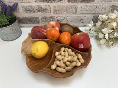 30cm Teak Wood Triple Bowl Dinner Party Snack Finger Food Crisps Hors d'oeuvres