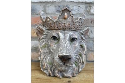 31cm Grey Plaster Lion Head w/ Crown Planter Plant Pot Ornament