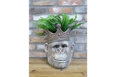 31cm Grey Plaster Monkey Head w/ Crown Planter Plant Pot Ornament