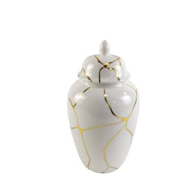 31cm Huge Off White & Gold Round Ginger Storage Jar w/ Lid Ornament Urn Gift