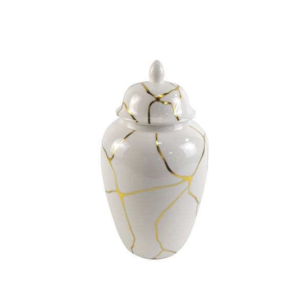 31cm Huge Off White & Gold Round Ginger Storage Jar w/ Lid Ornament Urn Gift