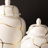 31cm Huge Off White & Gold Round Ginger Storage Jar w/ Lid Ornament Urn Gift