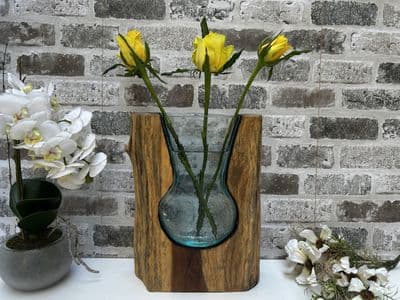 31cm Molten Glass Wedge Vase on Wooden Teak Root Flower Holder