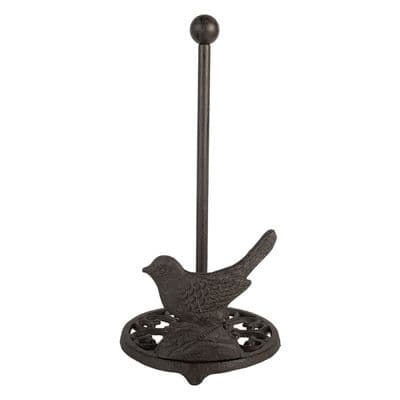 33cm Cast Iron Kitchen Roll Holder Stand - Bird Design Brown