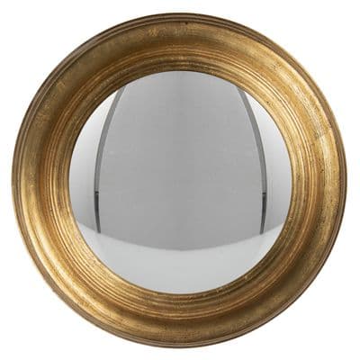 34cm Distressed Gold Convex Wall Mirror - Wooden Fisheye Style Porthole Design