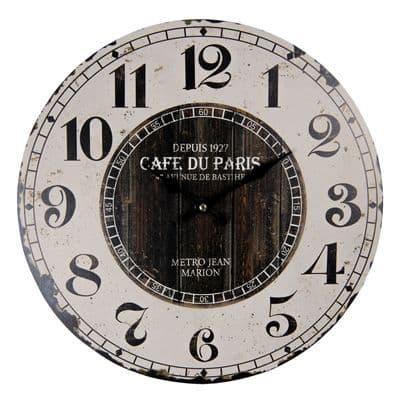 34cm Wooden Wall Clock - French Café du Paris - Brown & Cream