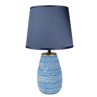 35cm Blue Aztec Ceramic Table Bedside Lamp Light w Fabric Shade - 60w E27