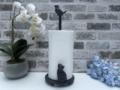 36cm Cast Iron Kitchen Roll Holder - Cat & Bird Design Brown
